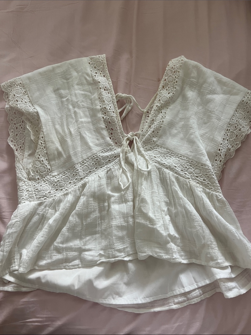American Eagle Outfitters White Lace-Trim Tie Front Peasant Top